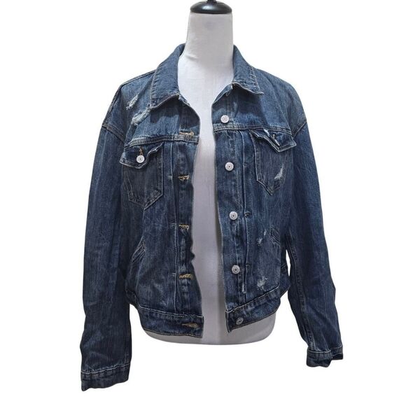Old Navy Distressed Denim Jacket Women's Size L 100% Cotton Classic Jean Jacket - Picture 1 of 8